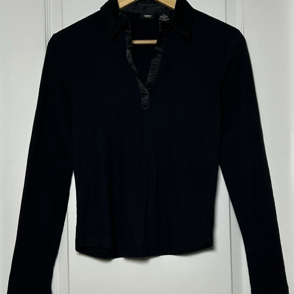 Mossimo Vintage Y2K 2000s Cashmere Blend Black Silk Trim Long Sleeve Polo Top
